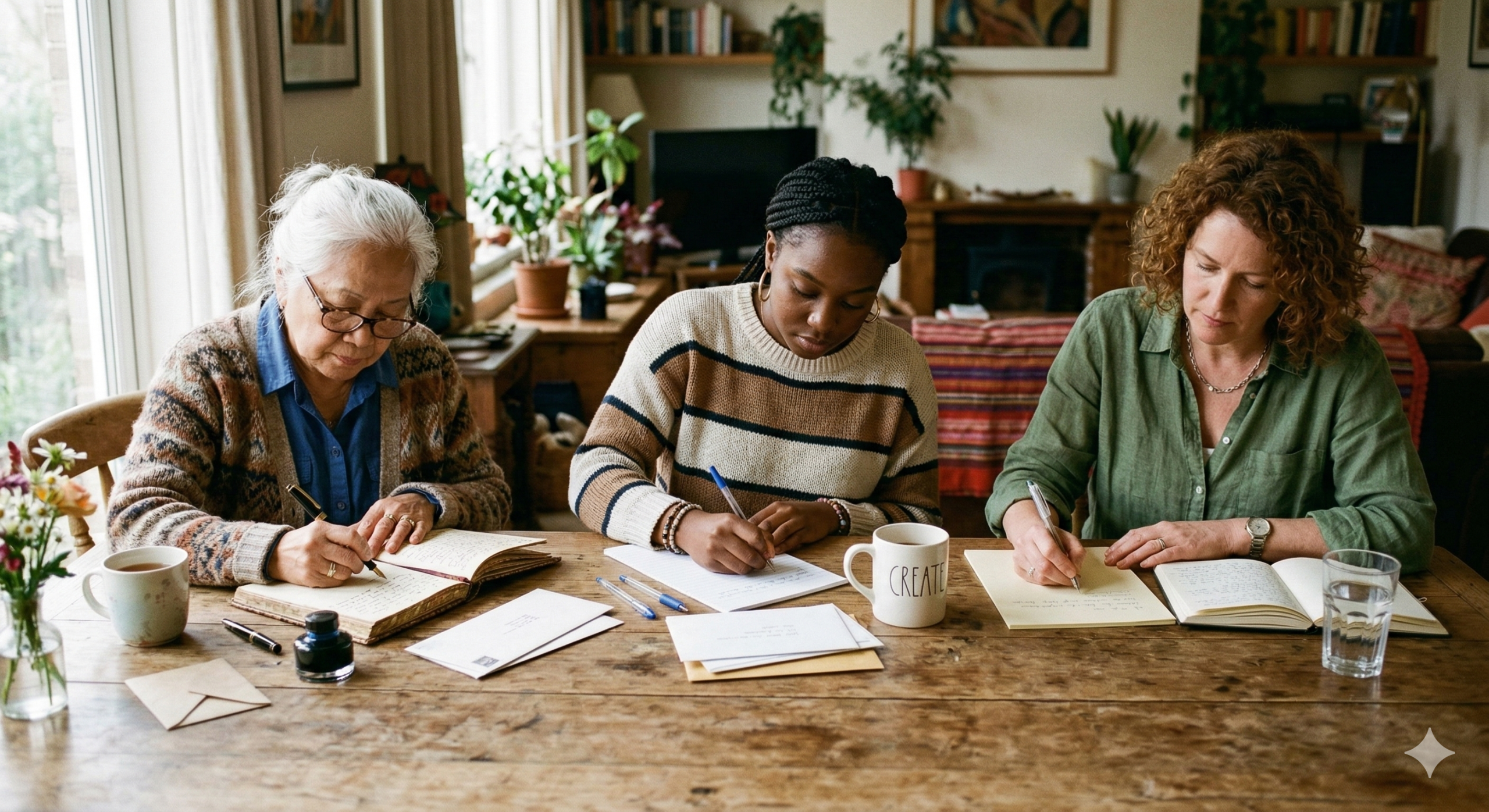 Drie vrouwen die brieven schrijven.