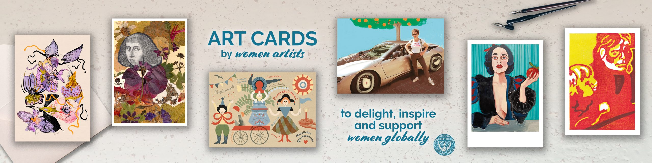 Display of our six art cards, available in our Etsy shop