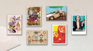 Afbeelding met zes verschillende kunstkaarten van de actie KUNST DOOR DE BUS